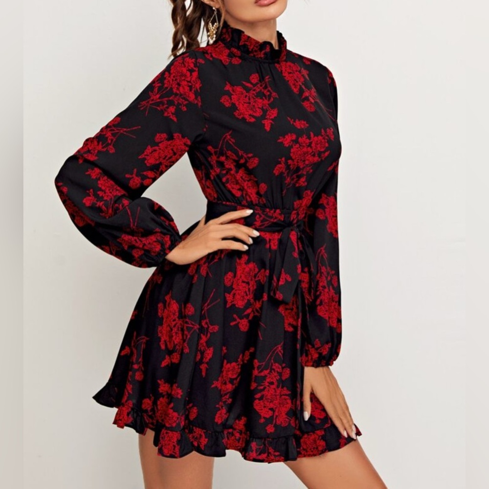 Elegant Black and Red Floral Dress